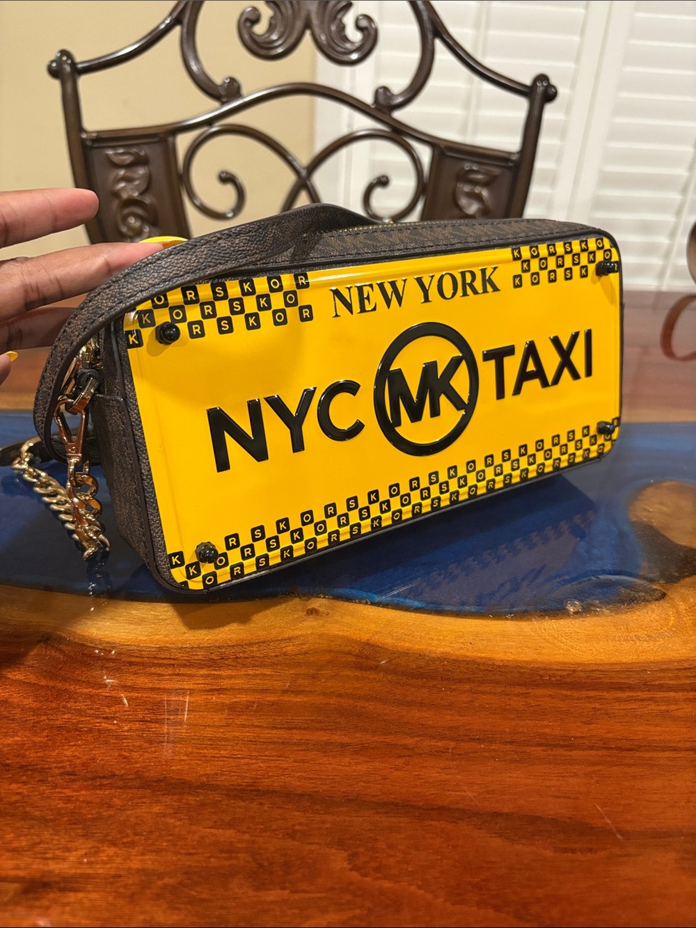Michael Kors Brown Logo Camera Crossbody with Gold Chain Strap